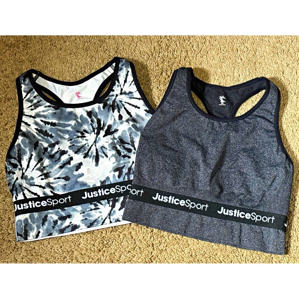 JusticeSport Girls Lot 2 Sports Bras Size 32 Racerback Wireless Gray Tie Dye